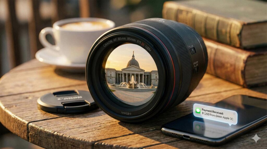 一顆專業相機鏡頭置於咖啡桌上，鏡片倒影出台南奇美博物館的宏偉建築，旁邊手機顯示交易成功，象徵旅遊攝影與哩程價值 / Professional camera lens on a cafe table, lens glass reflecting the magnificent architecture of Tainan Chimei Museum, phone next to it showing transaction success, symbolizing travel photography and mileage value.